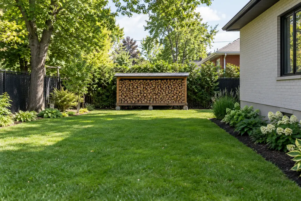 Bois de chauffage rangé sur un support, loin de la maison