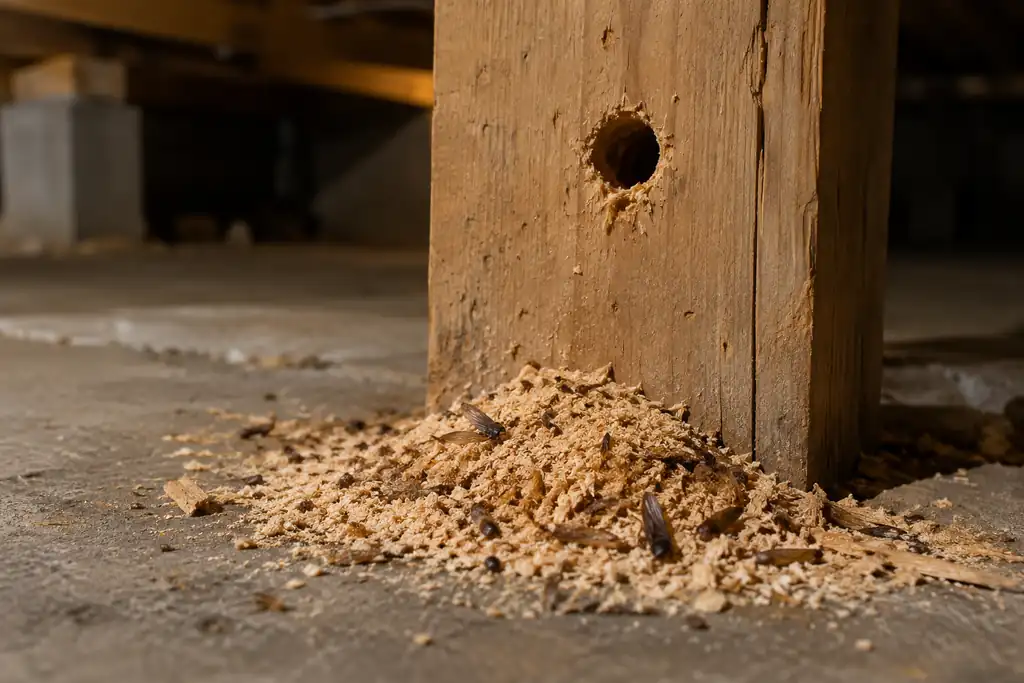Petit tas de bran de scie au pied d'une poutre de bois percée d'un trou de sortie