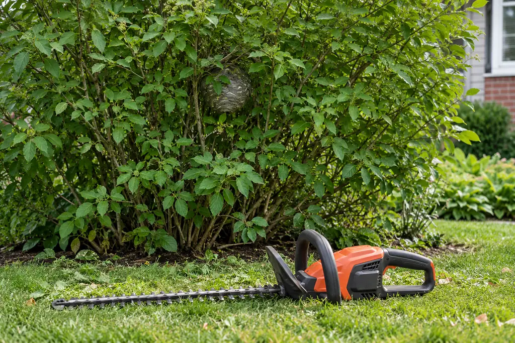 Hedge trimmer set down in front of a shrub hiding a bald-faced hornet nest