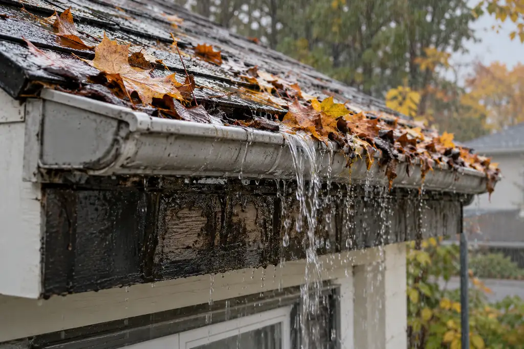 Gouttière bouchée qui déborde sur un fascia de bois noirci par l'eau