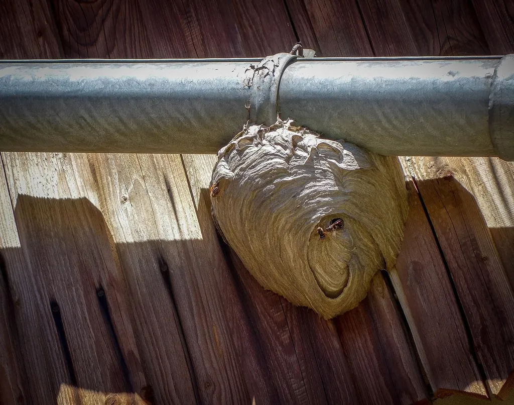 Nid de guêpes accroché sous une structure de bois