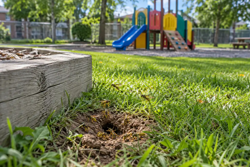 Wasp nest hole in the lawn of a daycare's yard