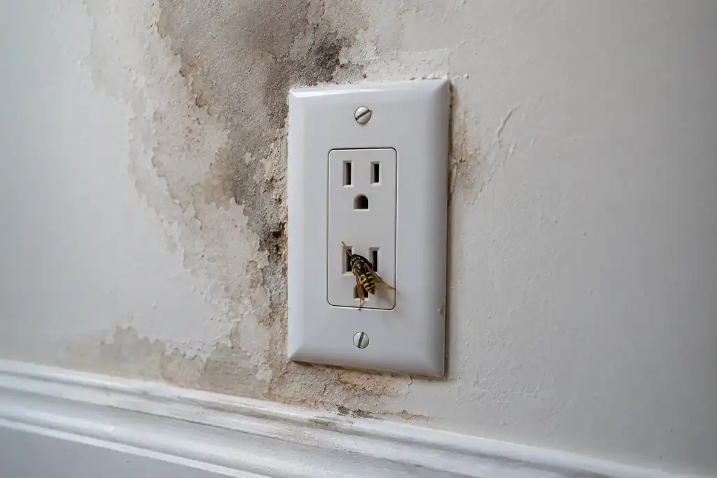 Guêpe qui sort d'une prise électrique, sur un mur taché d'humidité