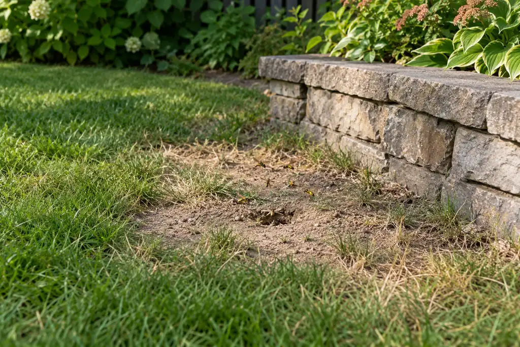 Thin patch of lawn near a stone wall, where wasps go into the ground