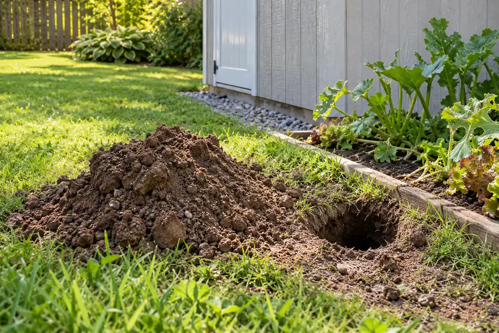 Monticule de terre fraîche devant l'entrée d'un terrier, le long d'un cabanon
