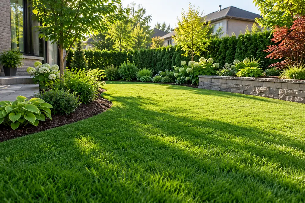 Thick lawn and mulched flower beds, with no bare patches