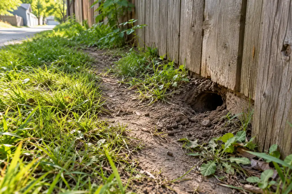 Entrée de terrier de rat et sentier battu dans le gazon, le long d'une clôture de bois