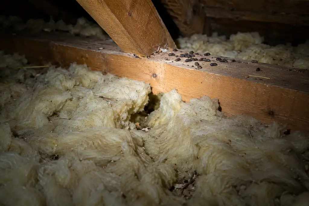 Galeries de souris dans l'isolant d'un entretoit, éclairées à la lampe de poche