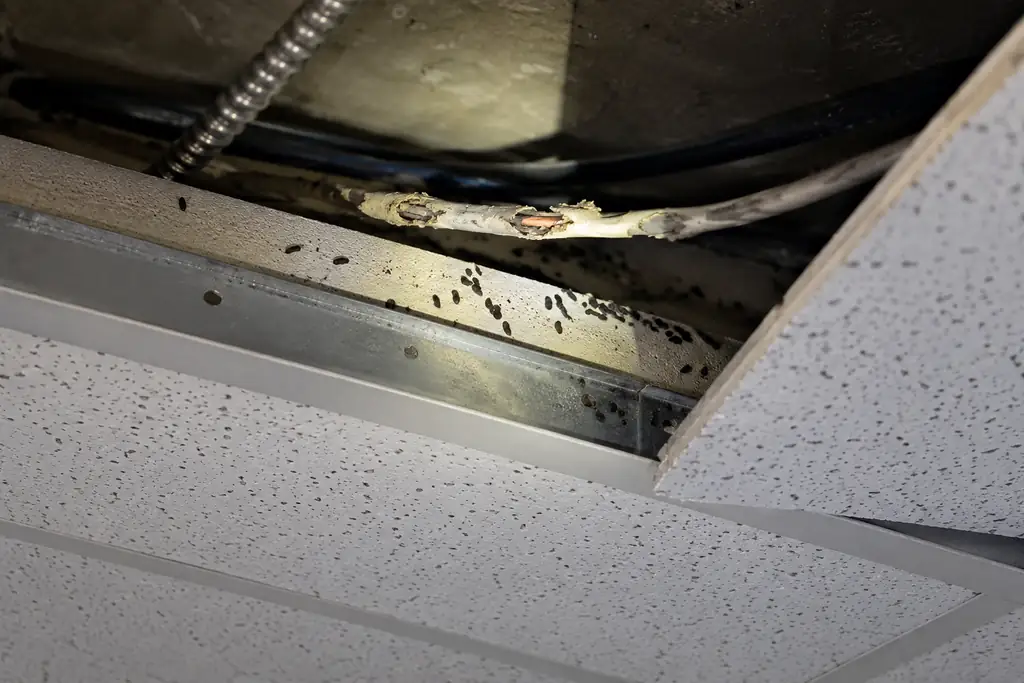 Tuile de plafond suspendu soulevée : crottes de souris et fil électrique rongé