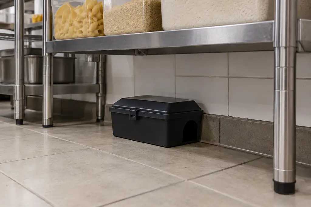 Station d'appât pour souris, verrouillée, dans la réserve d'un restaurant
