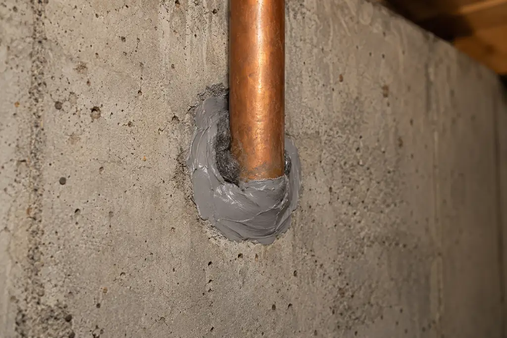 Gap around a copper pipe packed with steel wool and sealed